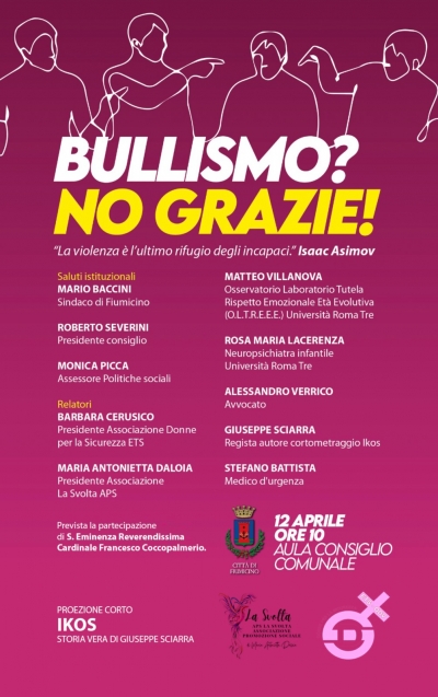 Fiumicino - 12 aprile evento "Bullismo? No grazie" in aula consiliare