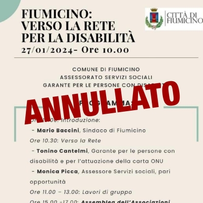 Annullato evento "Fiumicino verso la rete per la disabilità" previsto per il 27/1 ore 10